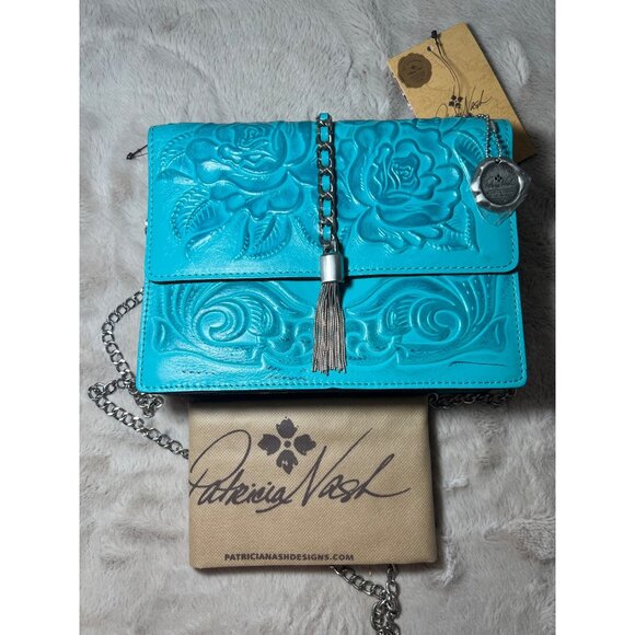 Patricia Nash Aqua Leather Rose Tooled Crossbody Bag With Chain Strap & Tassel - Picture 1 of 16